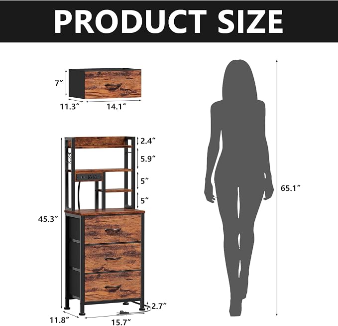Furnulem Tall Night Stand with LED & USB Ports, 45.3inch Nightstand with Open - Image 3