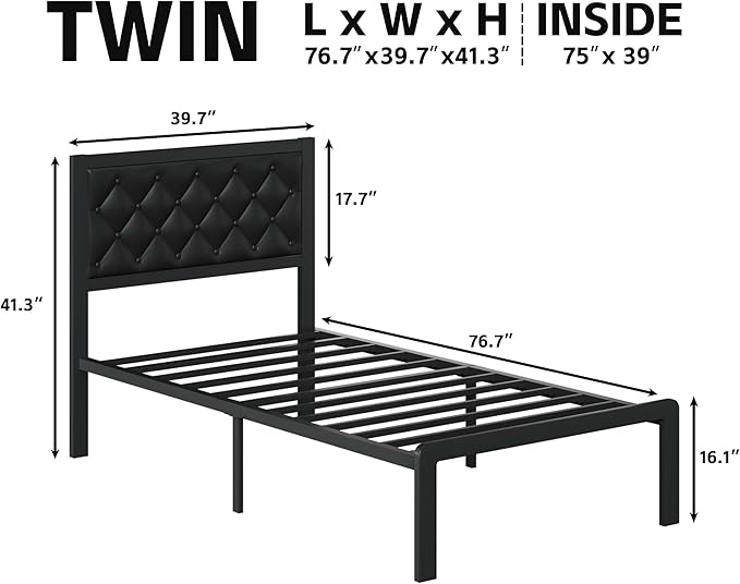 Fluest Twin Bed Frame with Headboard PU Leather Upholstered Bed Frame Platform - Image 2