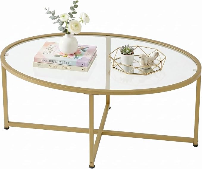 Wolawu Coffee Table Gold Oval Glass Coffee Tables - Image 9