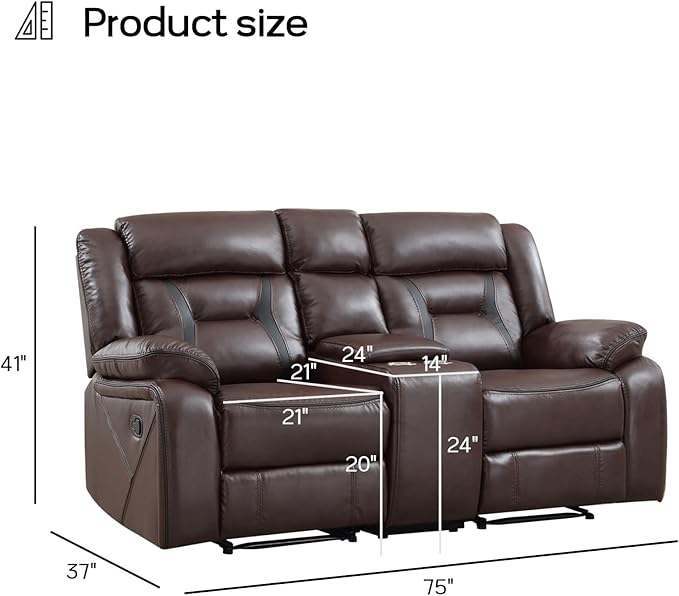 EBELLO Manual Faux Leather Loveseat Recliner, 2 Seat Reclining Sofa Chair - Image 2