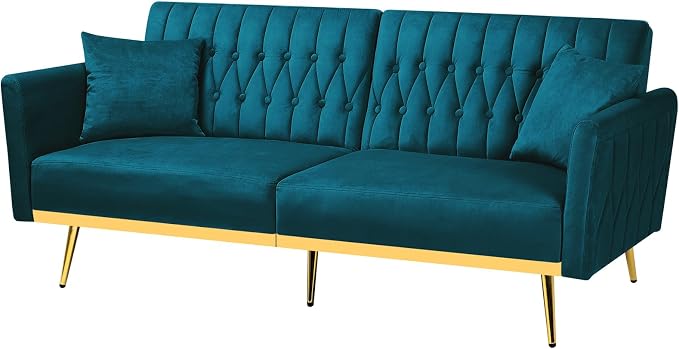 70” Velvet Futon Sofa Bed w/Adjustable Armrests and Backrest, Convertible Futon - Image 8