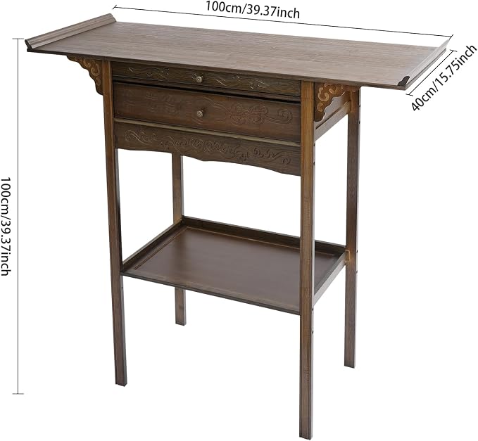 Bamboo MDF Altar Table with 2 Drawers and Storage Shelf, Retro Asian Design - Image 3