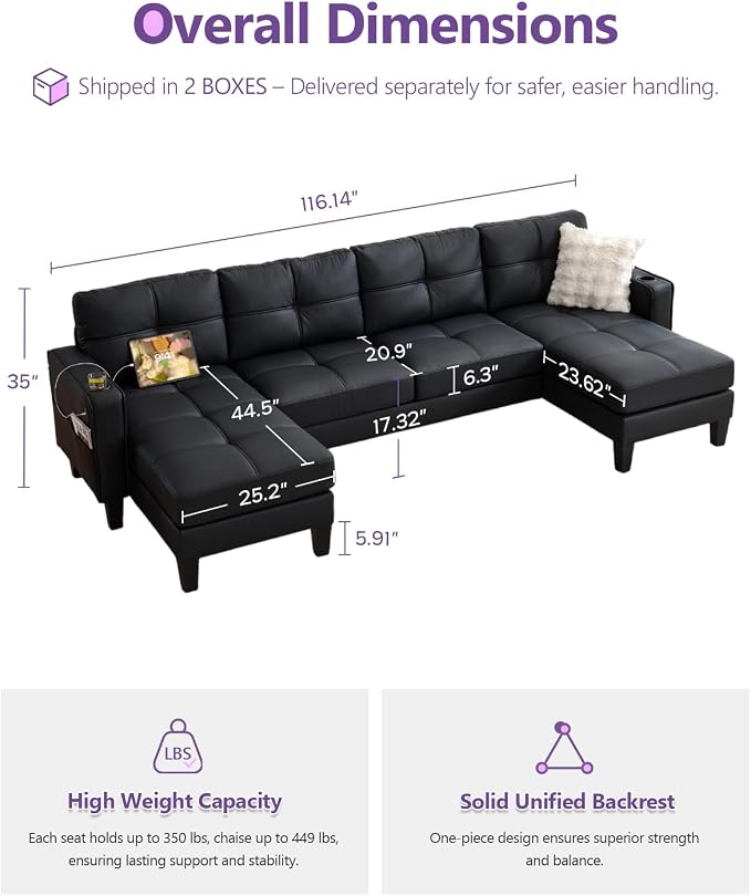 TYBOATLE 116’’ W Black Faux Leather Sectional Couch w/USB and Cup Holders - Image 2