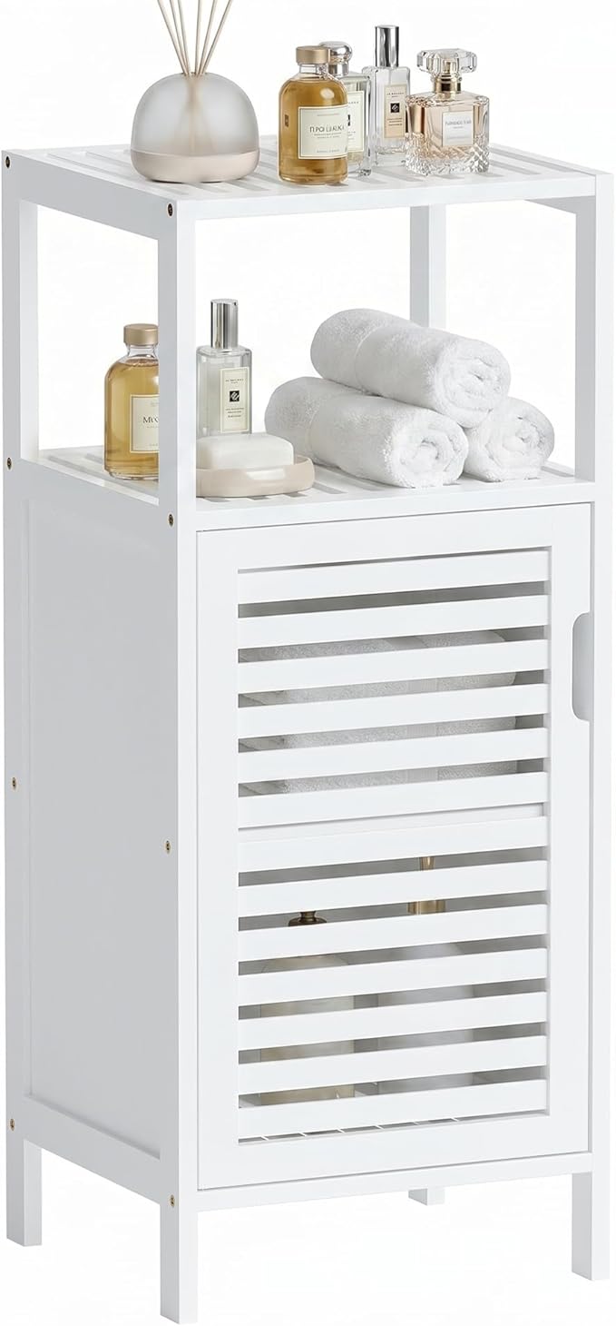 HITNET Bamboo Bathroom Storage Cabinet, 4 Tier Small White Floor Cabinet by HITNET