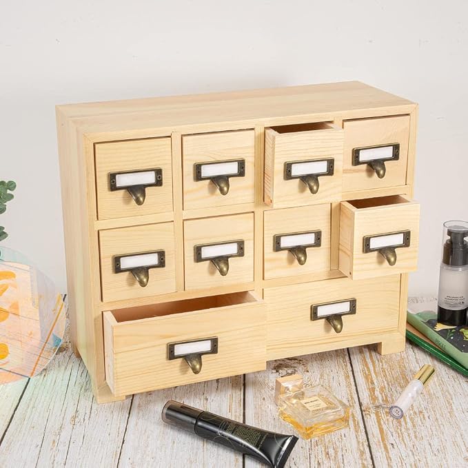 Apothecary Cabinet with 10 Drawers & Labels Rustic Library Card Catalog Cabinet - Image 4