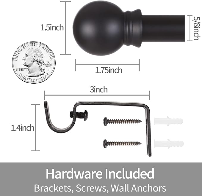 Thestoa Curtain Rods for Windows 48 to 84-92 inch, 5/8" Matte Black Curtain Rod - Image 3