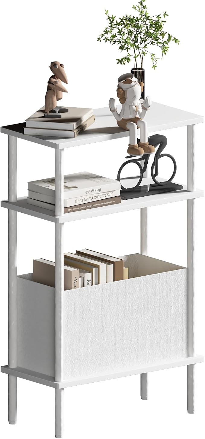 Narrow Side Table with Fabric Basket, End Table by Unknown