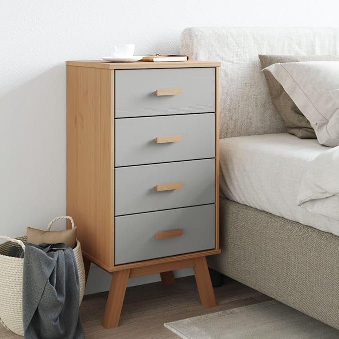 Scandinavian Style Grey and Brown Solid Pine Wood Bedside Cabinet - Image 3
