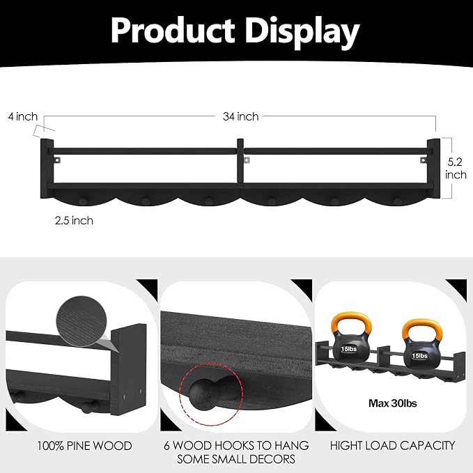 34Inch Nursery Bookshelves, Wall Floating Shelf Kids Coat Rack - Image 3