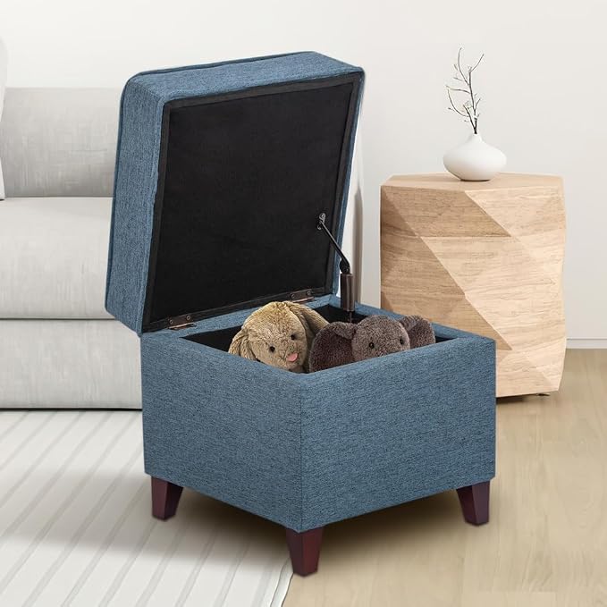 Adeco 17" Square Ottoman with Storage, Small Blue Storage Ottoman Foot Rest - Image 4