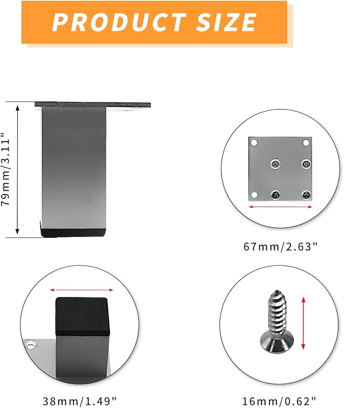 4Pcs 3Inch Metal Furniture Legs, Square Metal Cabinet Support Foot - Image 2