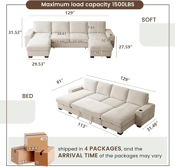129" Convertible Sleeper Sofa Bed, L Shaped - Image 3