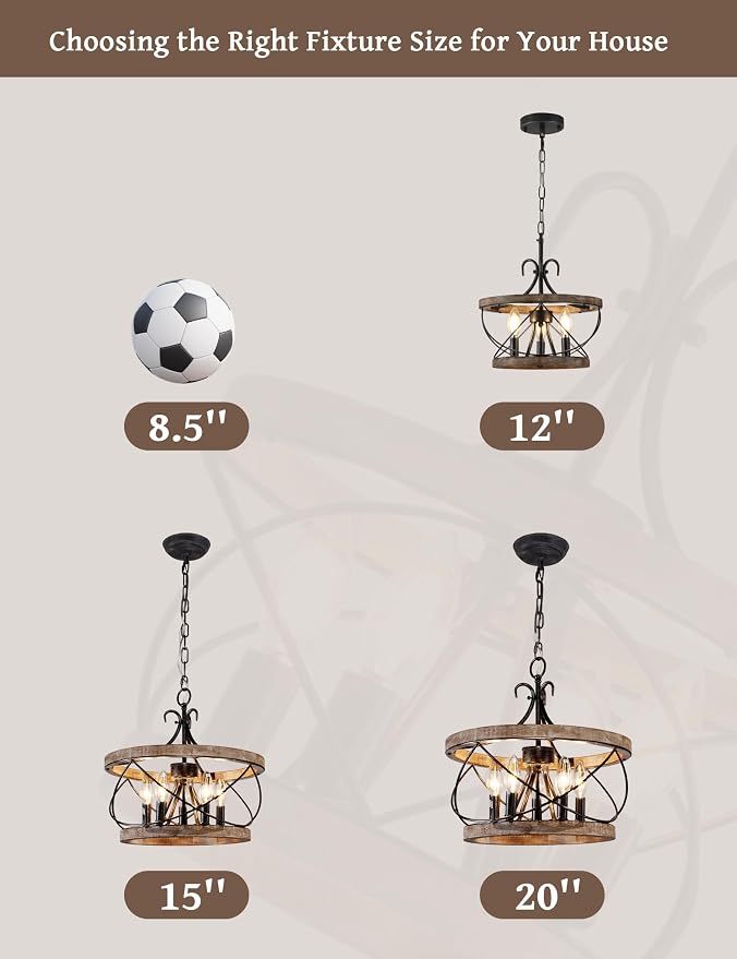 12.9 Inch Farmhouse Chandelier for Dining Room Wood Drum Chandelier Light - Image 9
