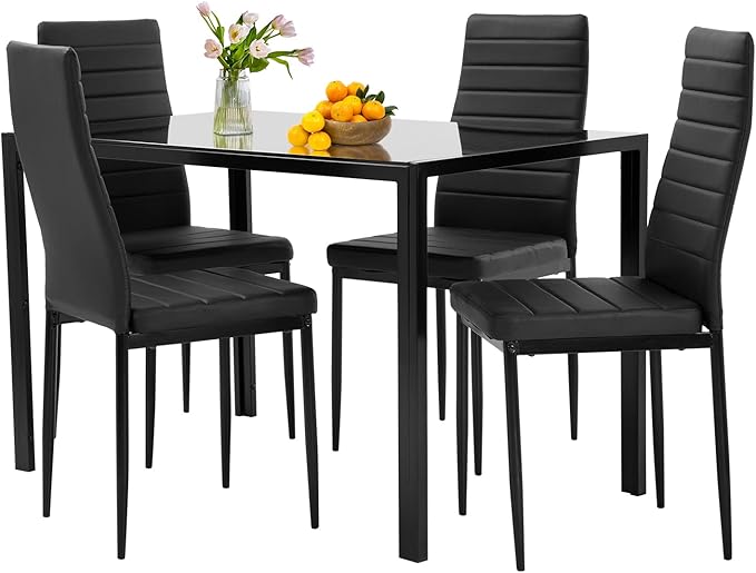 FDW | 5-Piece Dining Table Set | Black | Glass Kitchen Table by FDW