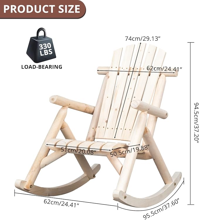 Outvita Wooden Rocking Chair, Fir Log Adirondack Rocker, Outdoor Wood Accent - Image 3