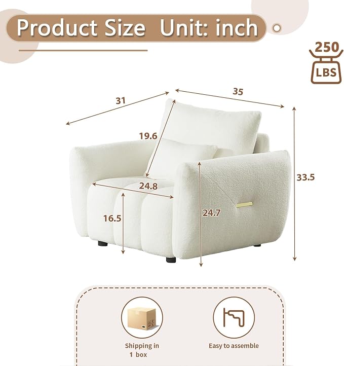 Antetek 35" Modern Accent Single Sofa Chair, Comfy Deep Seat Teddy Living Room - Image 2