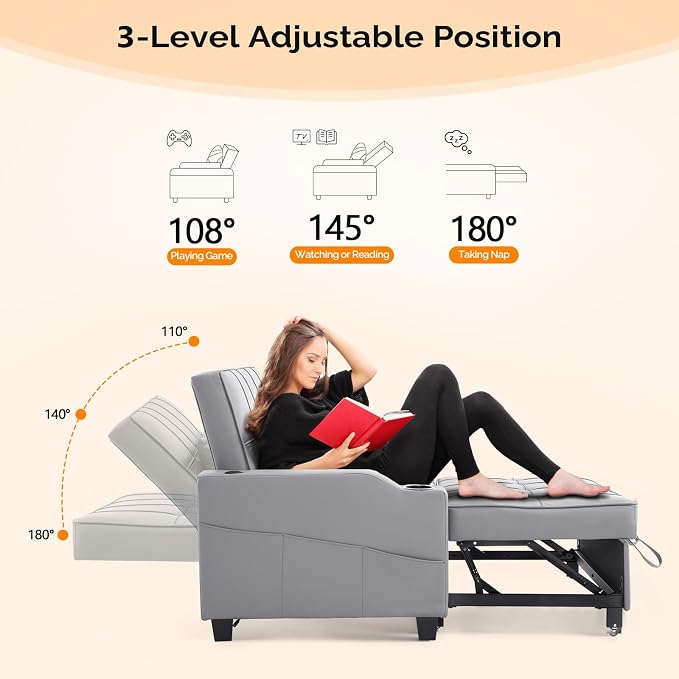 VINGLI Convertible Loveseat Sleeper Sofa, Light Grey Faux Leather Futon Sofa - Image 6