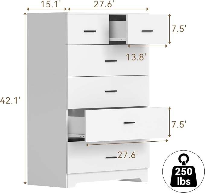 FJTJBSI Dresser with Power Outlets Wooden 6 Drawer Dresser with Large Organizer - Image 3