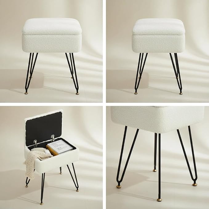 Vanity Stool Chair, Faux Teddy Fur Ottoman Foot Stool - Image 9