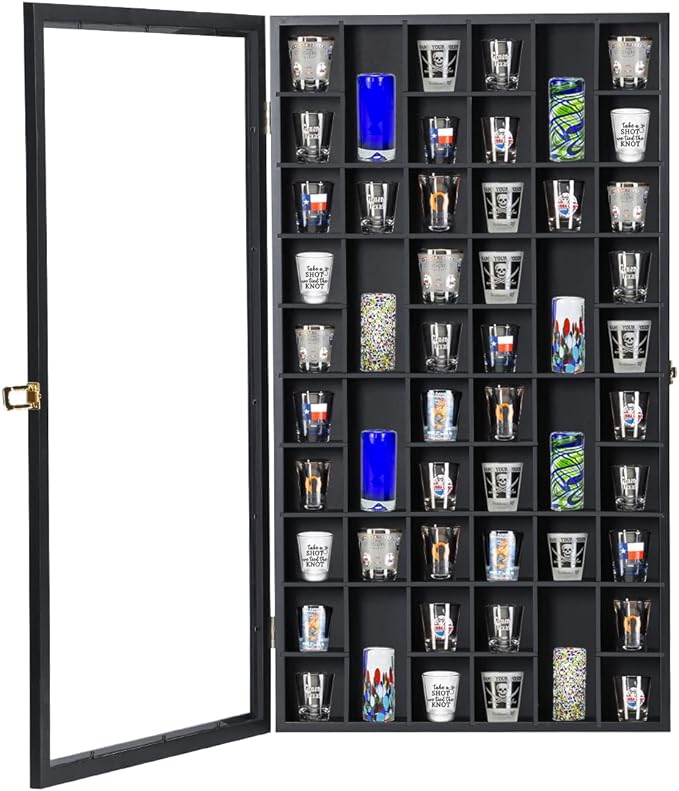 Shot Glass Display Case Large Wooden Cabinet Rack Holder Wall Mounted Black by SNAIL