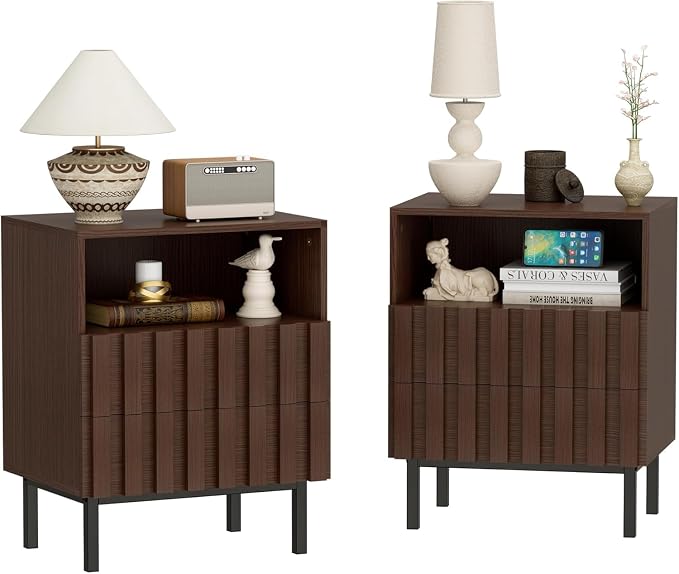 UEV Mid Century Modern Fluted Nightstand Set of 2, 2 Drawers End Table by YourHomeExcellentVendor