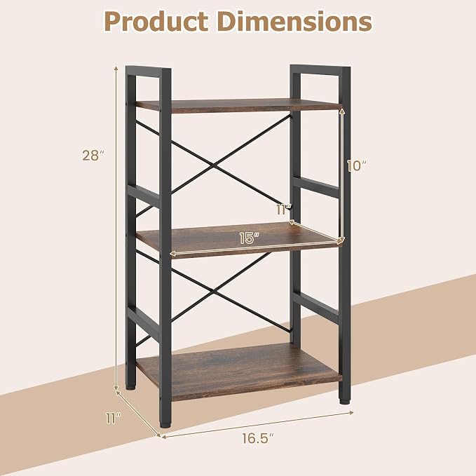 Tangkula 3-Tier Industrial Bookshelf, 16.5" Width Wooden Open Bookcase - Image 3