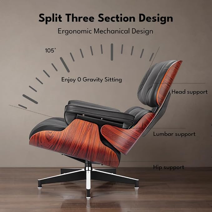 Top Black Grain Leather, Mid Century Chaise Lounge Chair and Ottoman, Modern - Image 8
