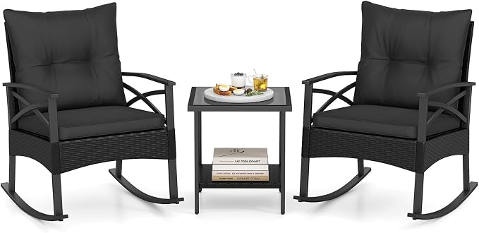 Tangkula 3 Pieces Outdoor Rocking Chairs Set, Rattan Heavy Duty Cushioned by TANGKULA