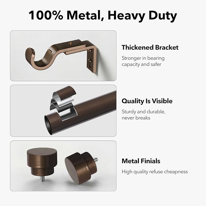 IFELS Heavy Duty Curtain Rods for Windows 66 to 120 Inch, 1 Inch Bronze Curtain - Image 3