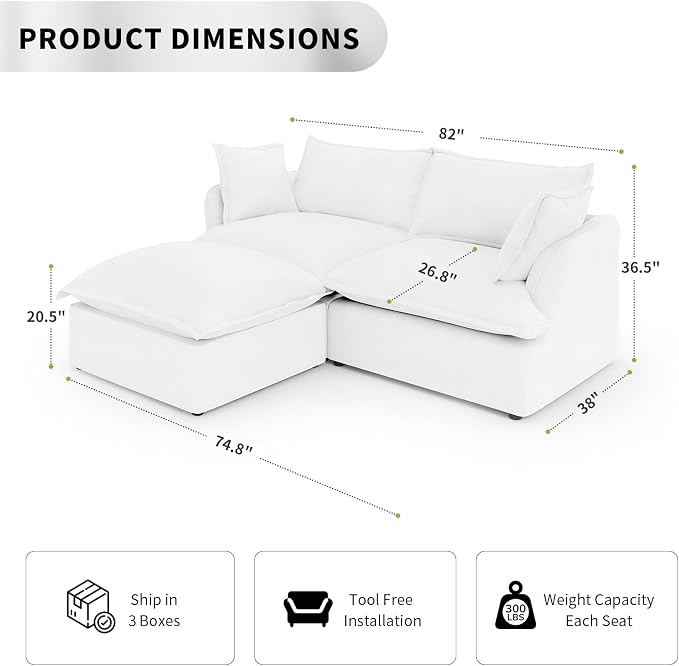 Waterproof Cloud Couch, 2 Seat L Shape Stain Resistant Modular Sectional Couch - Image 2