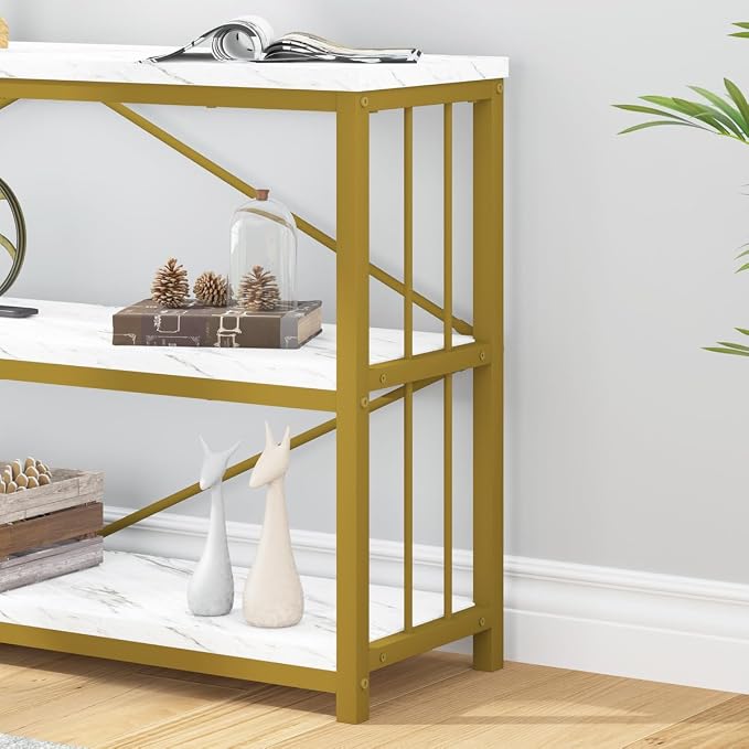 LVB White 3 Tier Console Table, Modern Faux Marble Gold Sofa Entryway Table - Image 5