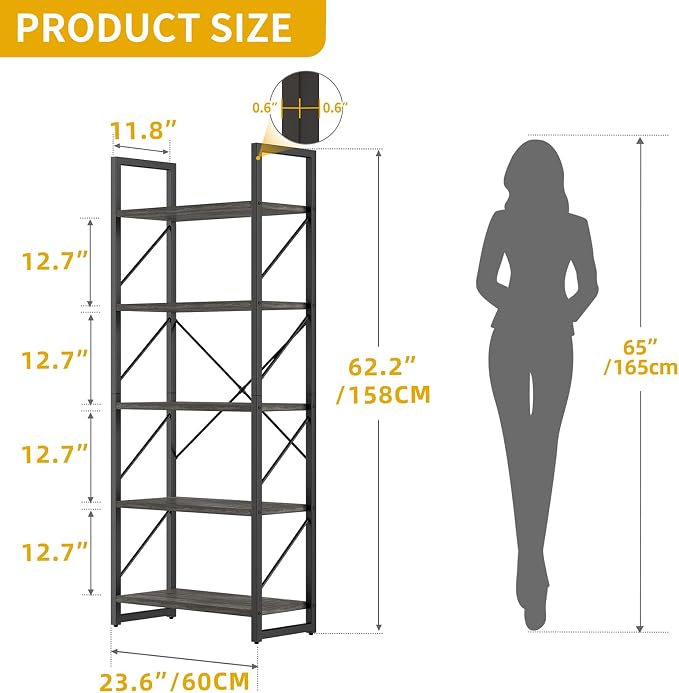 DWVO 5 Tier Bookshelf 2 Pack, Industrial Bookshelves Open Shelf Bookcase - Image 2