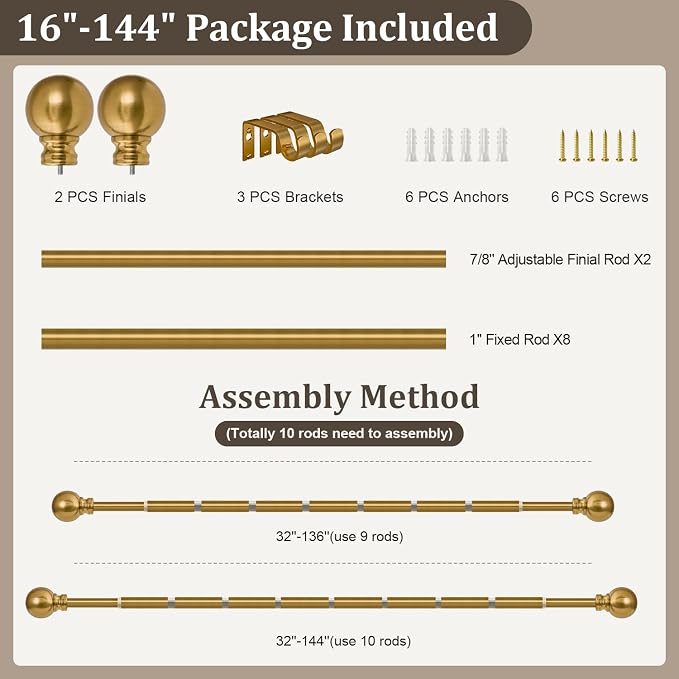 Modern Gold Curtain Rods for Windows 16 to 144 Inch 1" Diameter Adjustable - Image 9