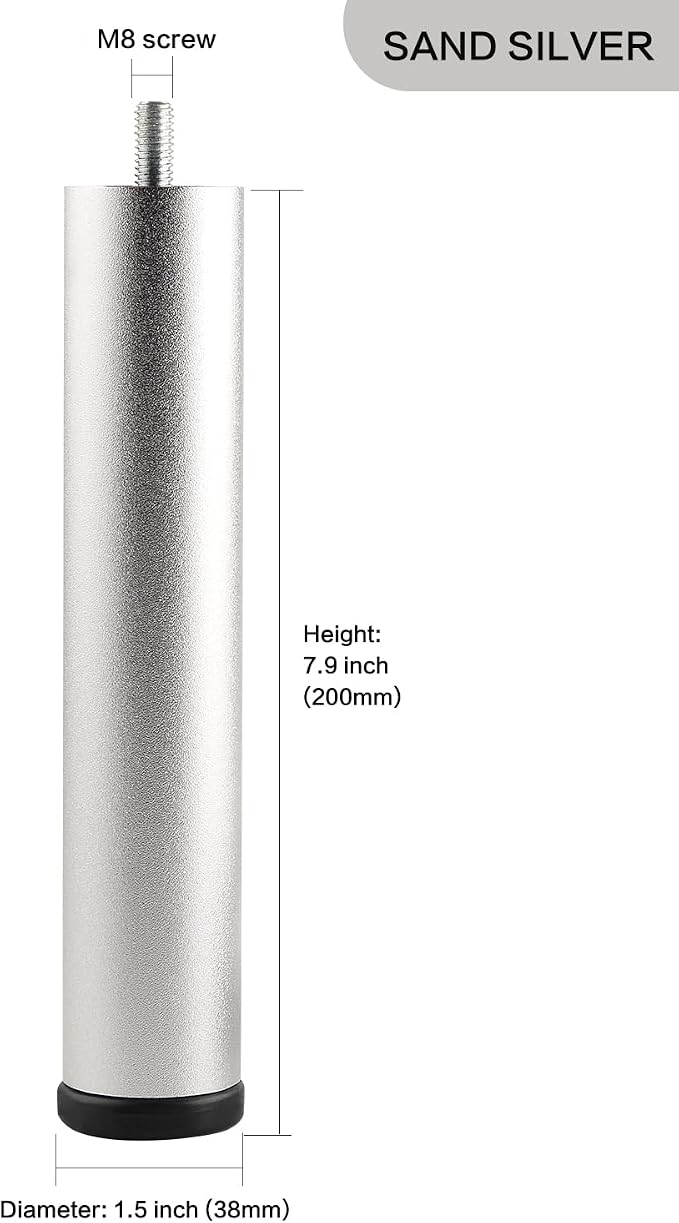 Adjustable Furniture Legs 8 Inch Silver Bed Support Legs Cylinder M8 Screw in - Image 2