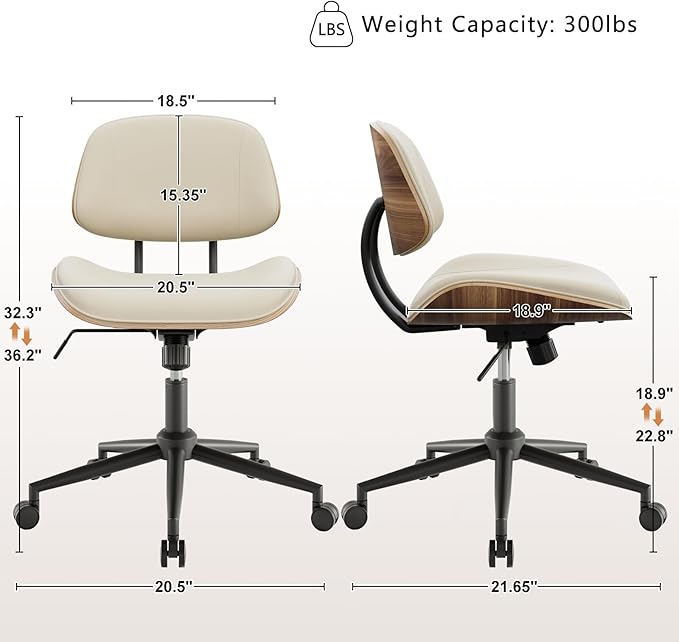 Armless Office Chair with Wheels, PU Leather Adjustable Height Desk Chair - Image 2