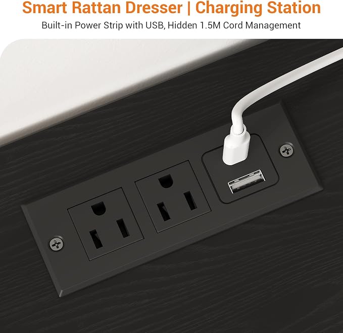 Rattan 6 Drawer Dresser with LED Lights & Power Outlet, Wide Rattan Dresser TV - Image 7