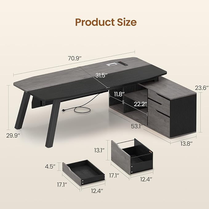 SEDETA 71" Executive Desk with File Cabinet, Large Office Desk with Drawers and - Image 2