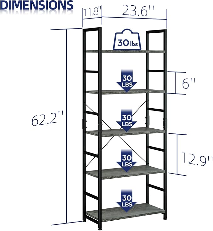 NUMENN 5 Tier Bookshelf, Tall Bookcase Shelf Storage Organizer, Modern Book - Image 3
