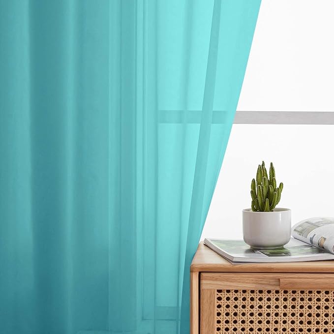 Kitchen Curtains 24 Inch Length Tier 2 Pieces, Turquoise Sheer Curtain Solid - Image 7