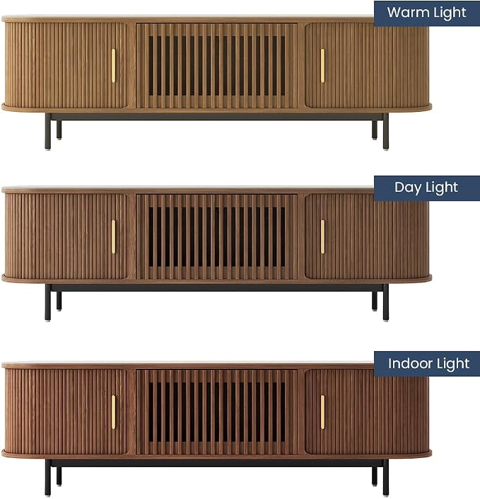 POVISON Fully-Assembled Sliding Tambour Door TV Stand, Mid Century Modern - Image 5