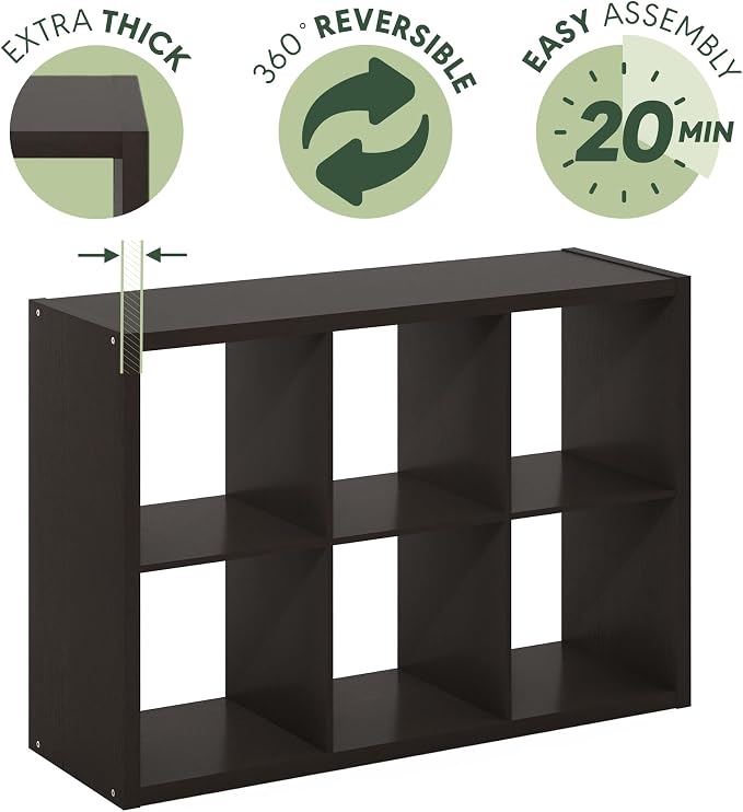 Furinno Cubicle Book Shelf, 6-Cube Bookshelf, Extra Thick Frame Horizontally & - Image 10