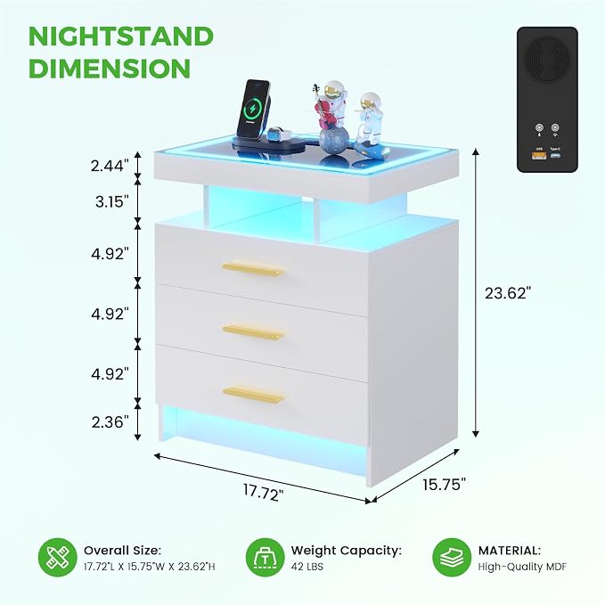 HNEBC Night Stand Set 2 with LED Lights, High Gloss Nightstand with 3 Drawers - Image 2