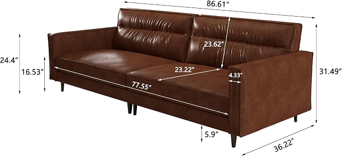 86.61" Mid-Century 3-Seater Brown Leather Sofa, Vintage Modern Couch - Image 2