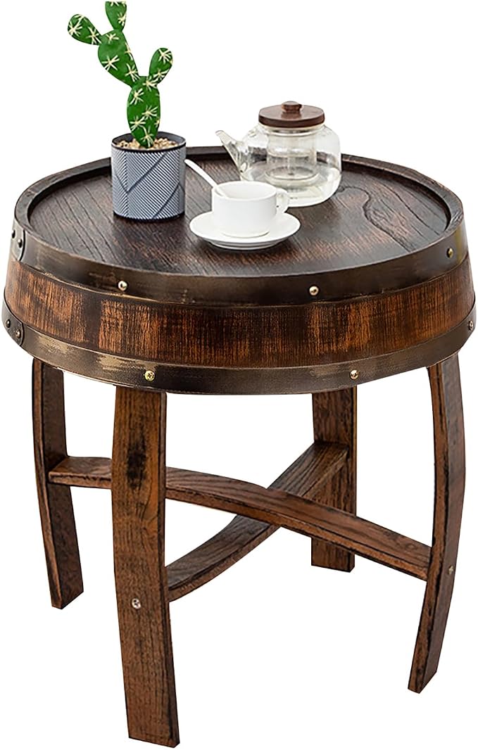 Farmhouse Whiskey Barrel End Table, Round Wood Barrel Side Table, Rusitc Wine by Unknown