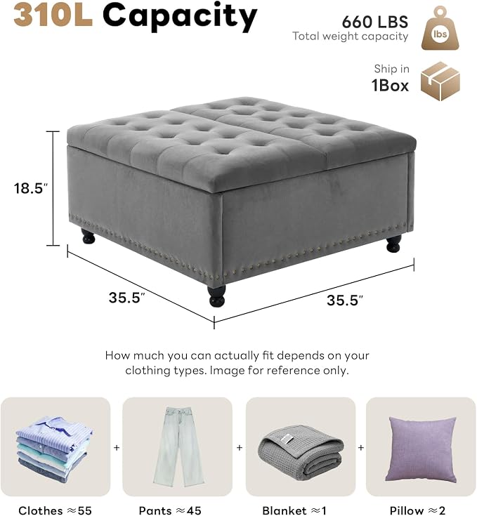 Tbfit Large Square Storage Ottoman Bench, Tufted Upholstered Coffee Table - Image 2