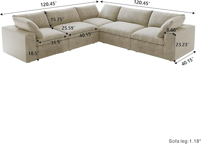 WJShome Cloud Modular Sectional Sofa, 160.6" Down Filled 5 Seater Couch - Image 2