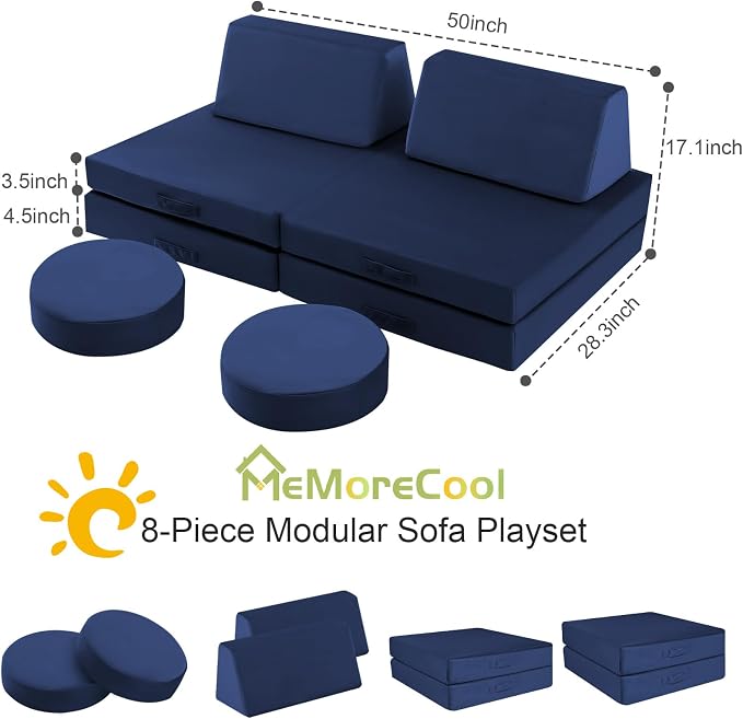 MeMoreCool Kids Couch for Playroom, 8-Piece Modular Toddler Play Couch in Navy - Image 3