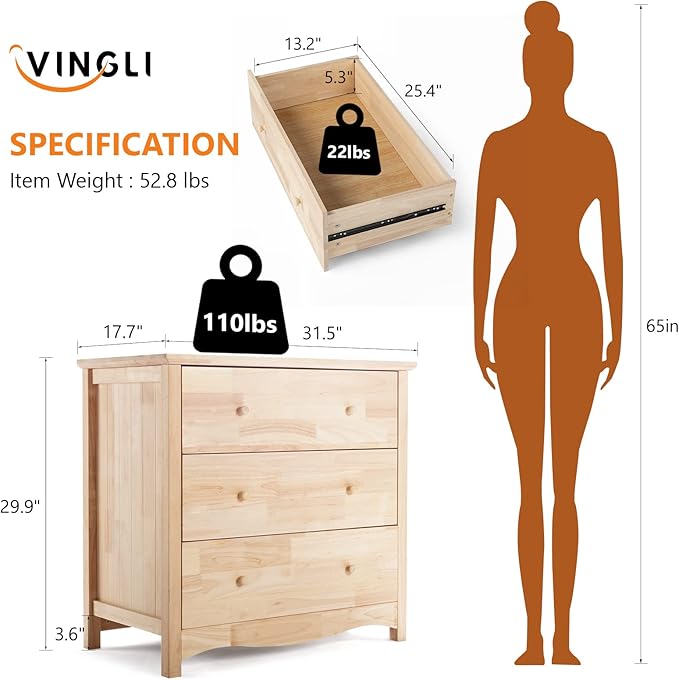 VINGLI Unfinished Solid Wood Dresser Color DIY, 3 Drawer Dresser, Natural - Image 2