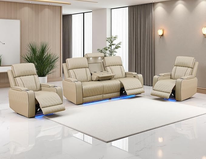 Power Recliner Sofa Set, Leather Reclining Couch & Chair Set, Living Room by LYfurniture