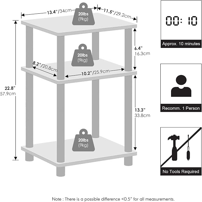 Furinno Just 3-Tier Turn-N-Tube Open Storage Nightstand, Plastic Poles - Image 3